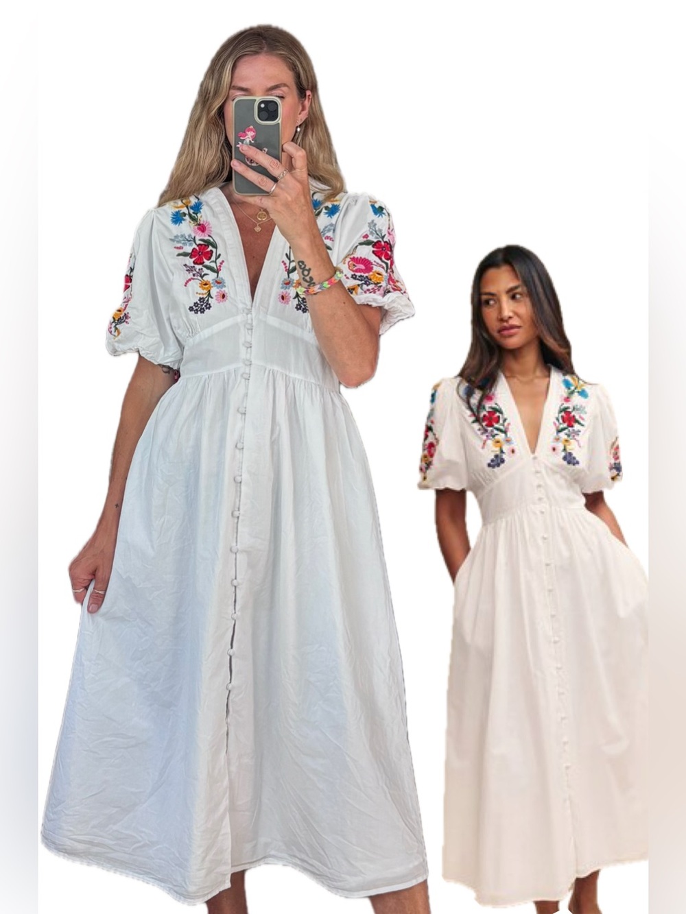 Nobody’s Child Cotton White Button Puff Sleeve Floral Embroidered Midi Dress